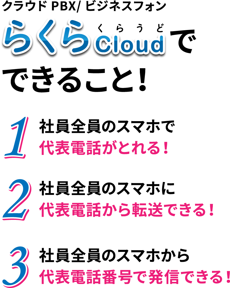 らくらCloudでできること! 1.社員全員のスマホで代表電話がとれる! 2.社員全員のスマホに代表電話から転送できる! 3.社員全員のスマホから代表電話番号で発信できる!