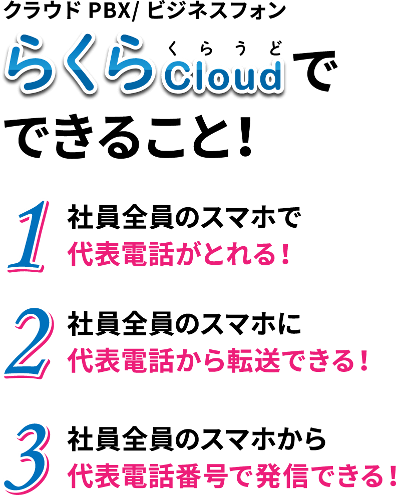 らくらCloudでできること！ 1.社員全員のスマホで代表電話がとれる！ 2.社員全員のスマホに代表電話から転送できる！ 3.社員全員のスマホから代表電話番号で発信できる！